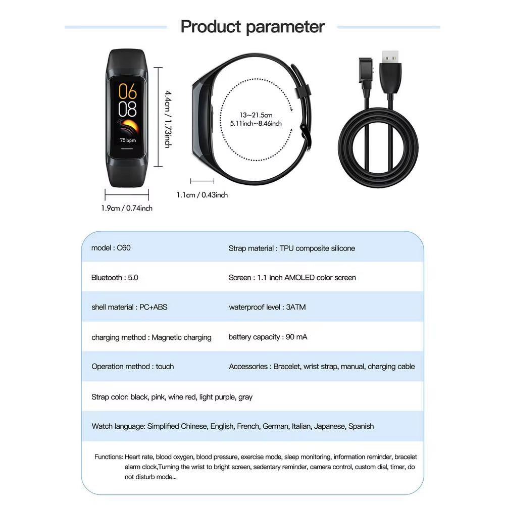 Smart Fitness Watch HD Display Smart Bracelet 1.1IN Comfortable Smart Watch Multifunctional for Hiking Walking Yoga Cycling